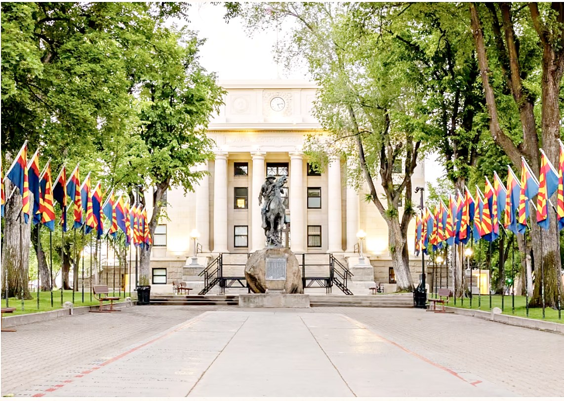 Yavapai County Courthouse Plaza with Arizona flags